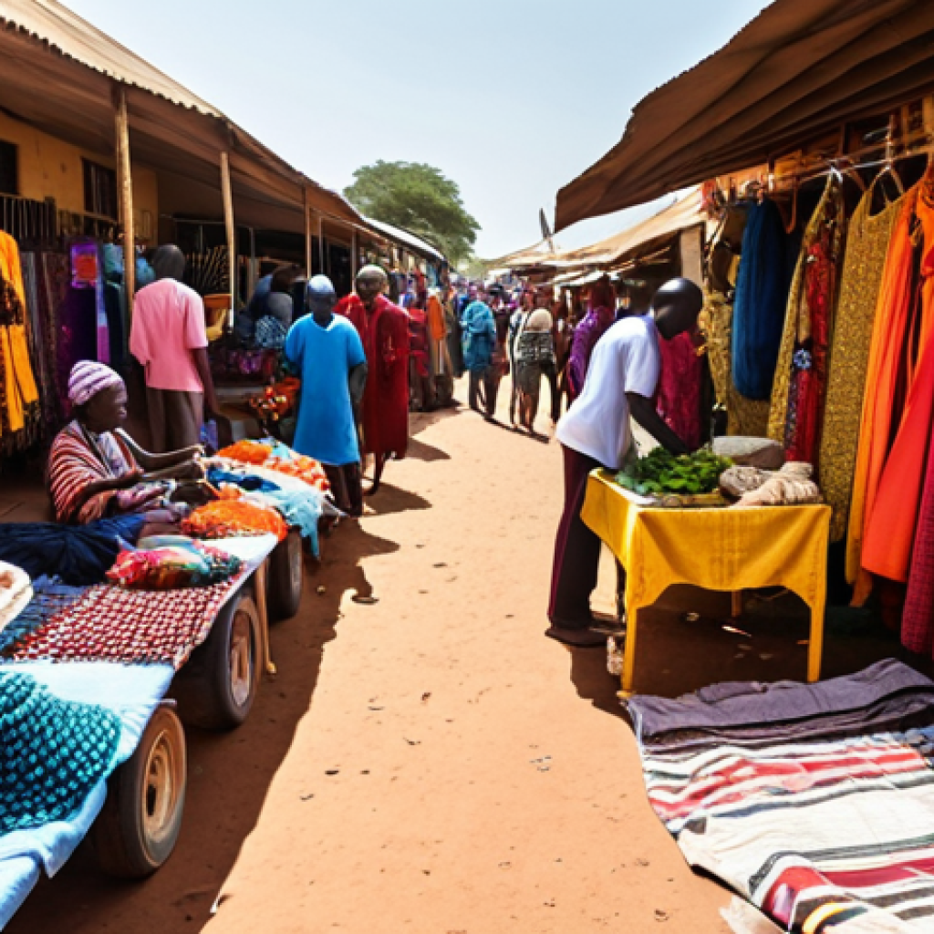 **A vibrant market scene in Gambia, filled with colorful textiles, local crafts, and fresh produce. Capture the bustling atmosphere, with people bargaining and vendors displaying their goods. Include traditional Gambian clothing and the warm, sunny lighting typical of West Africa.**
