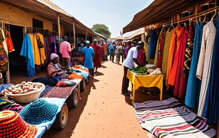 **A vibrant market scene in Gambia, filled with colorful textiles, local crafts, and fresh produce. Capture the bustling atmosphere, with people bargaining and vendors displaying their goods. Include traditional Gambian clothing and the warm, sunny lighting typical of West Africa.**