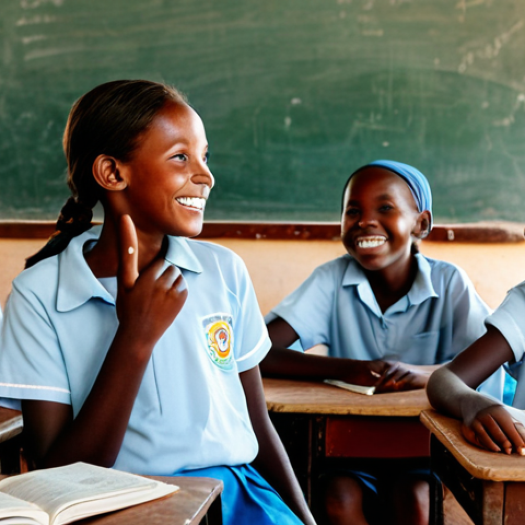 A female volunteer, dressed in modest and appropriate casual wear, gently guiding a group of smiling children in a vibrant village school classroom in Gambia. Sunlight streams through a window, illuminating the children's faces as they engage with learning materials. The classroom features simple wooden desks and educational posters on the walls. The background shows hints of the warm, red earth outside. The volunteer and children demonstrate perfect anatomy, correct proportions, and natural poses with well-formed hands and proper finger counts. The atmosphere is joyful and collaborative. Safe for work, appropriate content, fully clothed, family-friendly, professional photography, high quality.