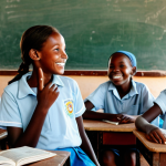 A female volunteer, dressed in modest and appropriate casual wear, gently guiding a group of smiling children in a vibrant village school classroom in Gambia. Sunlight streams through a window, illuminating the children's faces as they engage with learning materials. The classroom features simple wooden desks and educational posters on the walls. The background shows hints of the warm, red earth outside. The volunteer and children demonstrate perfect anatomy, correct proportions, and natural poses with well-formed hands and proper finger counts. The atmosphere is joyful and collaborative. Safe for work, appropriate content, fully clothed, family-friendly, professional photography, high quality.