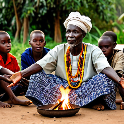 Home 28 Mandinka Griot Storytelling**
"A senior Mandinka griot, fully clothed in traditional West African attire, telling a story around a fire in a Gambian village at sunset. The audience consists of attentive children and adults, all modestly dressed. Safe for work, appropriate content, family-friendly scene, perfect anatomy, natural proportions, well-formed hands, professional photography, high quality, vibrant colors, cultural heritage."
**