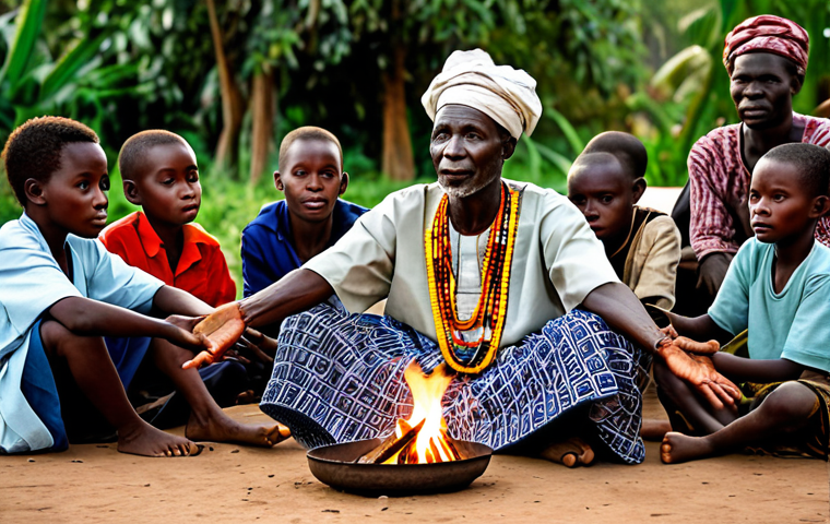 Mandinka Griot Storytelling**

"A senior Mandinka griot, fully clothed in traditional West African attire, telling a story around a fire in a Gambian village at sunset. The audience consists of attentive children and adults, all modestly dressed. Safe for work, appropriate content, family-friendly scene, perfect anatomy, natural proportions, well-formed hands, professional photography, high quality, vibrant colors, cultural heritage."

**