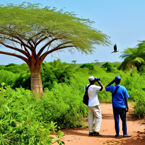 Home 27 Birdwatching Paradise**
"A serene landscape in The Gambia's Tanji Bird Reserve, showcasing diverse bird species perched on branches and flying above, fully clothed birdwatchers with binoculars observing, lush green vegetation, clear blue sky, vibrant colors, safe for work, appropriate content, professional photography, perfect anatomy, natural proportions, family-friendly scene, modest attire."
**