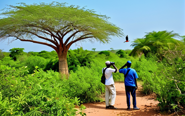 Birdwatching Paradise**

"A serene landscape in The Gambia's Tanji Bird Reserve, showcasing diverse bird species perched on branches and flying above, fully clothed birdwatchers with binoculars observing, lush green vegetation, clear blue sky, vibrant colors, safe for work, appropriate content, professional photography, perfect anatomy, natural proportions, family-friendly scene, modest attire."

**