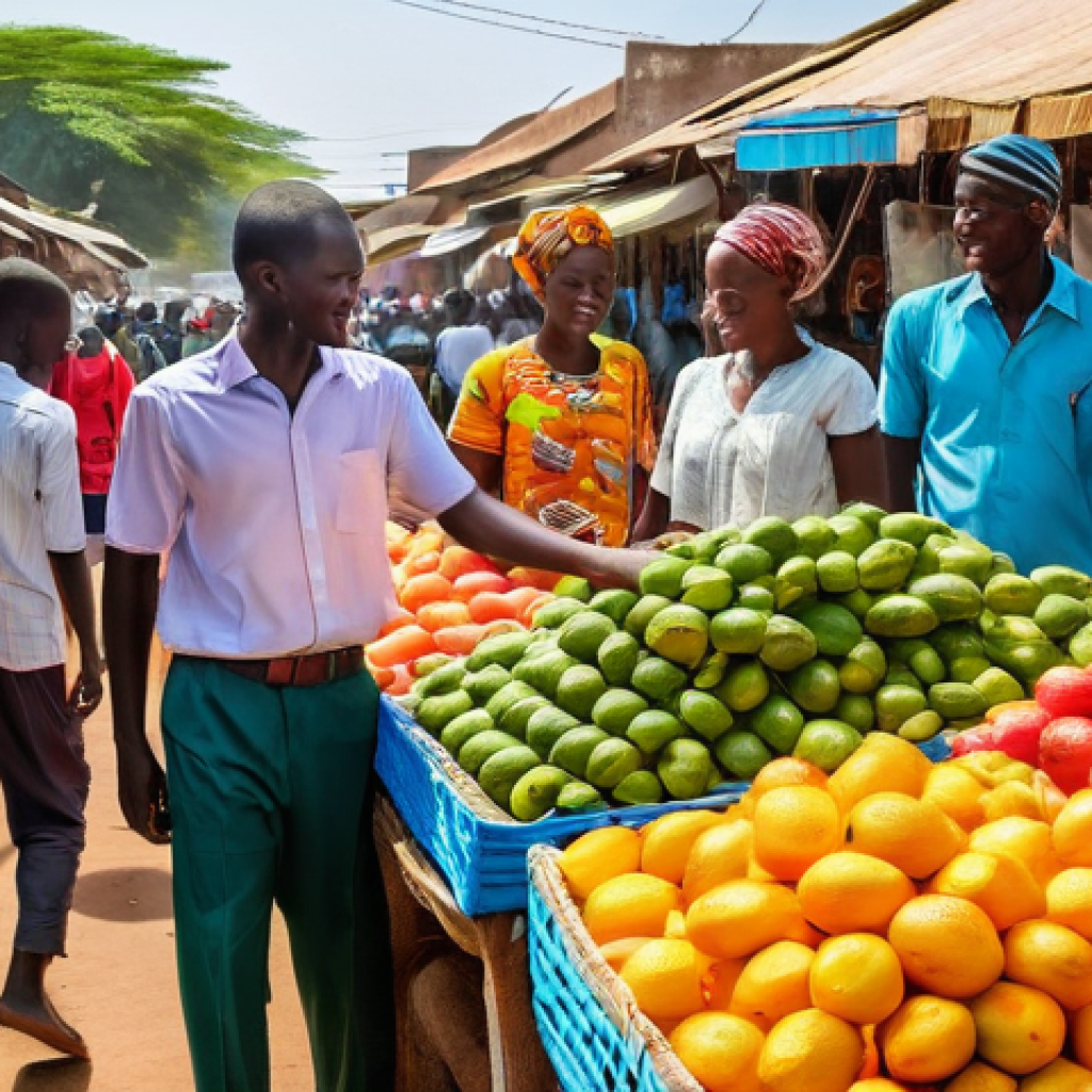 감비아 유학 및 교육 교류 - **Vibrant Serekunda Market Immersion:** A bustling, sunlit outdoor market in Serekunda, Gambia. The ...