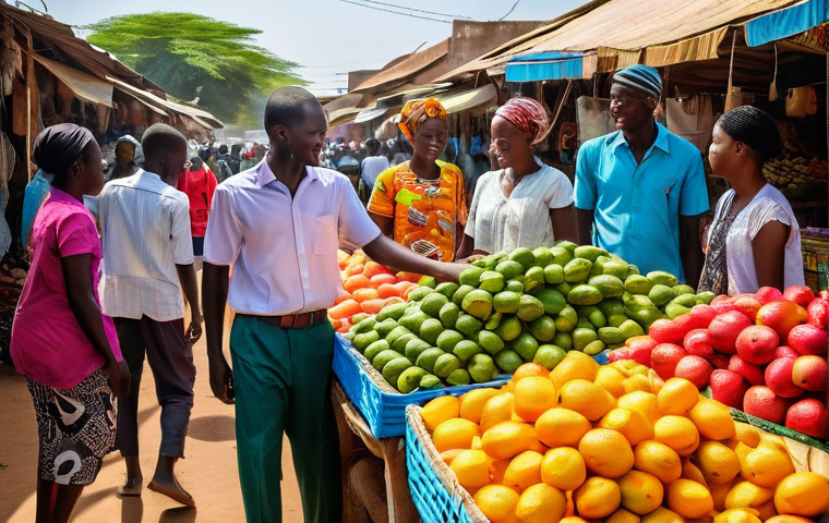 감비아 유학 및 교육 교류 - **Vibrant Serekunda Market Immersion:** A bustling, sunlit outdoor market in Serekunda, Gambia. The ...
