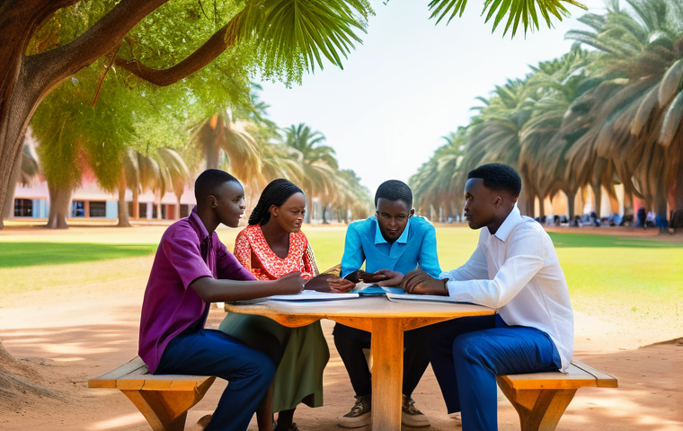 감비아 유학 및 교육 교류 - **Vibrant Serekunda Market Immersion:** A bustling, sunlit outdoor market in Serekunda, Gambia. The ...