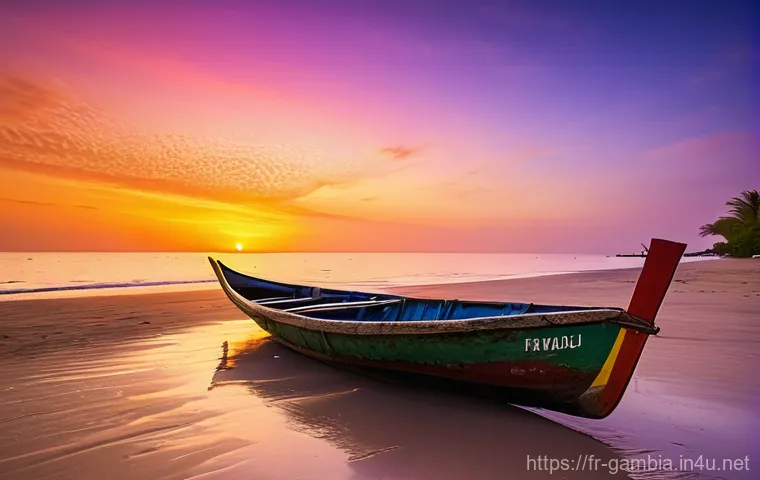 감비아에서 모험 여행하기 - **Gambian Sunset Beach Serenity**
    "A wide, pristine golden sand beach in The Gambia at sunset. T...
