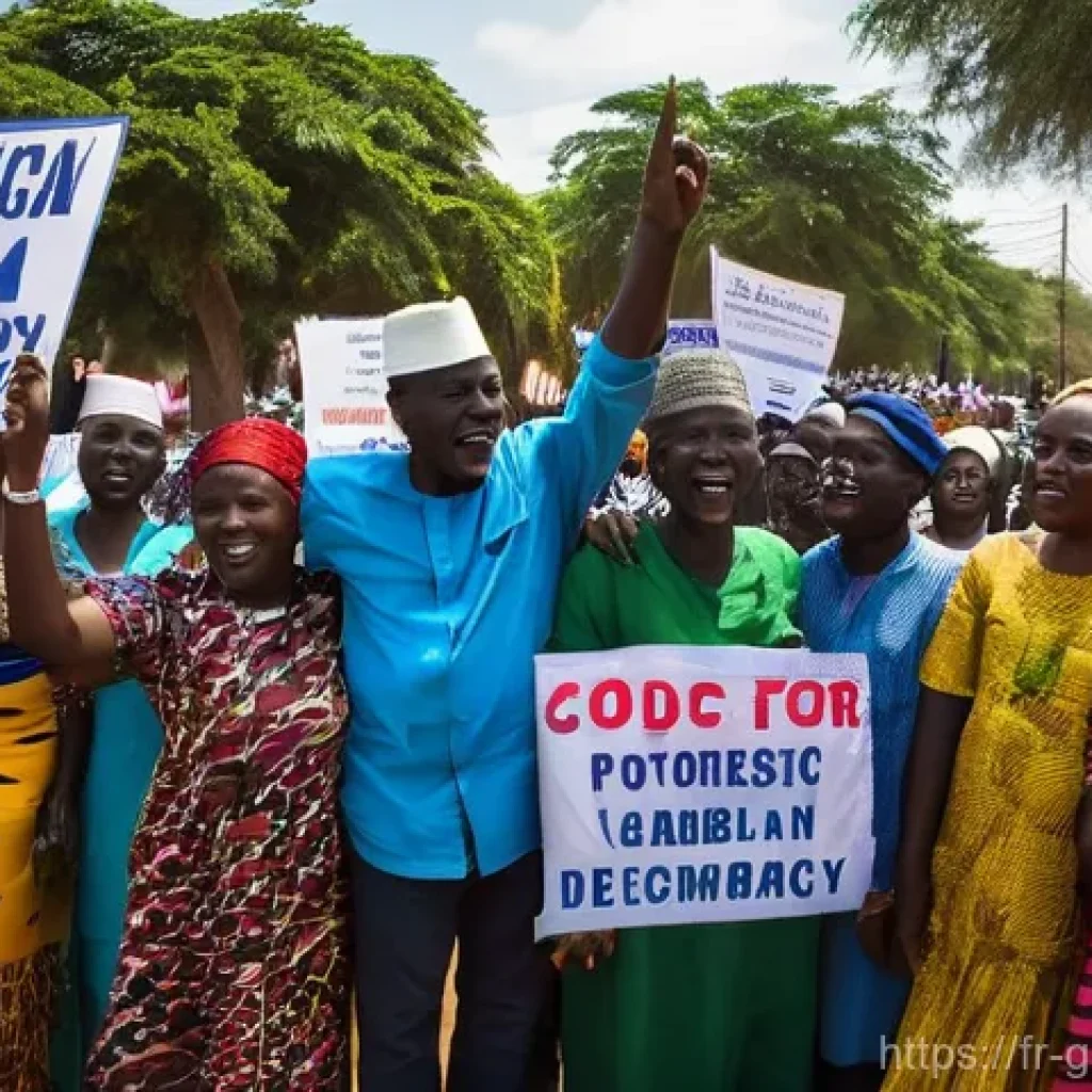감비아 대통령 및 정치 상황 - **Prompt:** "A vibrant, photo-realistic image capturing a public square in The Gambia, bustling with...