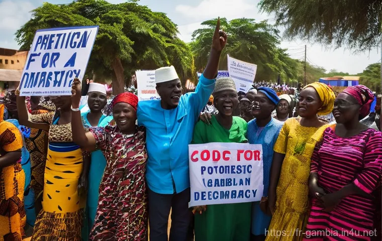 감비아 대통령 및 정치 상황 - **Prompt:** "A vibrant, photo-realistic image capturing a public square in The Gambia, bustling with...