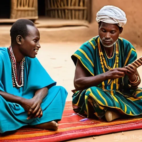 감비아의 주요 부족 - **Prompt:** A serene and captivating scene featuring a revered Mandingue griot, a storyteller and mu...