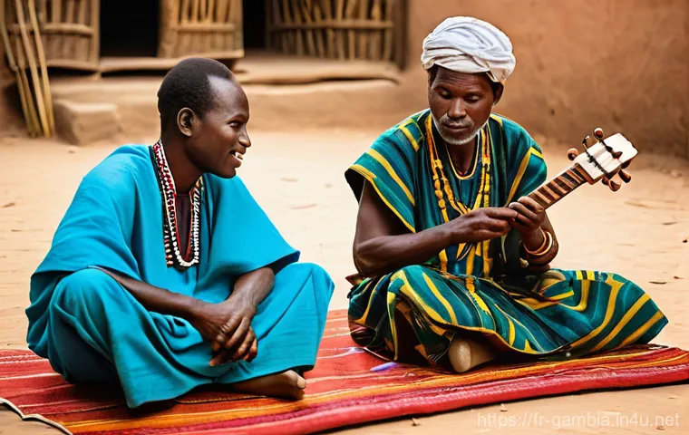 감비아의 주요 부족 - **Prompt:** A serene and captivating scene featuring a revered Mandingue griot, a storyteller and mu...