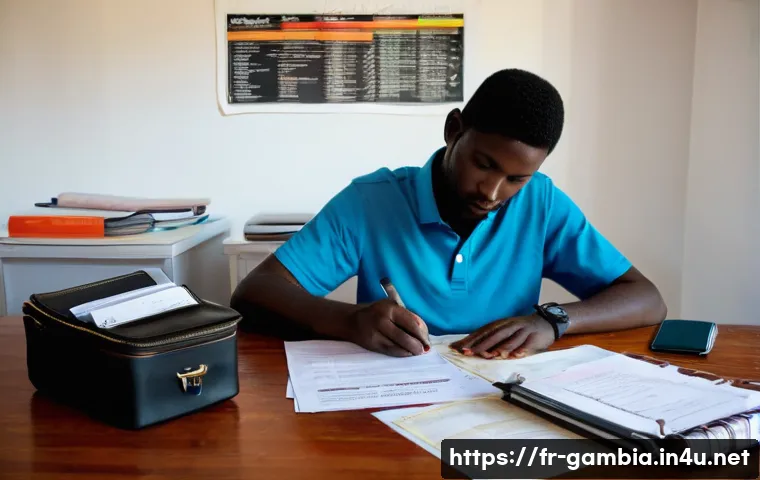 감비아에서 장기 체류 비자 - **Prompt:** A focused, organized French traveler, approximately 30 years old, wearing smart casual a...