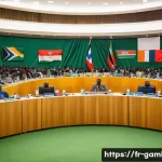 감비아와 아프리카 연합 - A vibrant scene of Gambian delegates actively participating in an African Union summit, seated aroun...