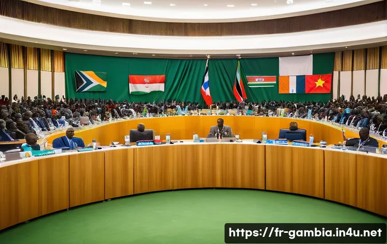 감비아와 아프리카 연합 - A vibrant scene of Gambian delegates actively participating in an African Union summit, seated aroun...