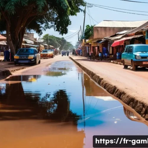 감비아 도로 상태 - A detailed urban street scene in Banjul, The Gambia, showcasing well-maintained asphalt roads with s...