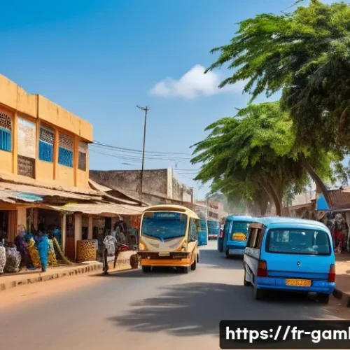 감비아의 인프라 발전 상황 - A vibrant urban street scene in Banjul, The Gambia, showing newly paved roads bustling with minibus ...