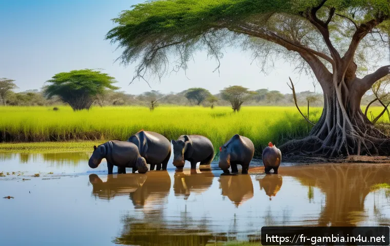 감비아에서의 지속 가능 관광 - A serene scene inside Kiang West National Park in The Gambia during golden hour, featuring lush sava...
