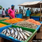 감비아 전통 요리 - A vibrant Gambian seafood market scene at sunrise, showcasing freshly caught fish varieties like gro...