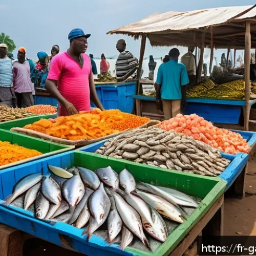 감비아 전통 요리 - A vibrant Gambian seafood market scene at sunrise, showcasing freshly caught fish varieties like gro...