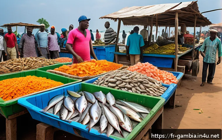 감비아 전통 요리 - A vibrant Gambian seafood market scene at sunrise, showcasing freshly caught fish varieties like gro...