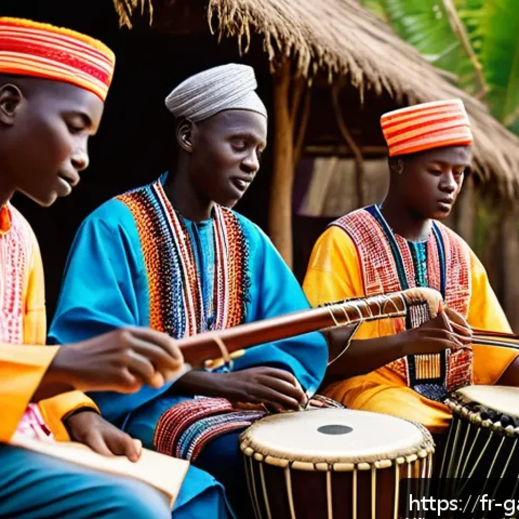 감비아의 주요 축제 - A vibrant Gambian traditional celebration scene featuring musicians playing diverse instruments such...