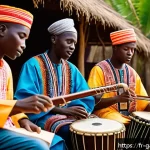 감비아의 주요 축제 - A vibrant Gambian traditional celebration scene featuring musicians playing diverse instruments such...