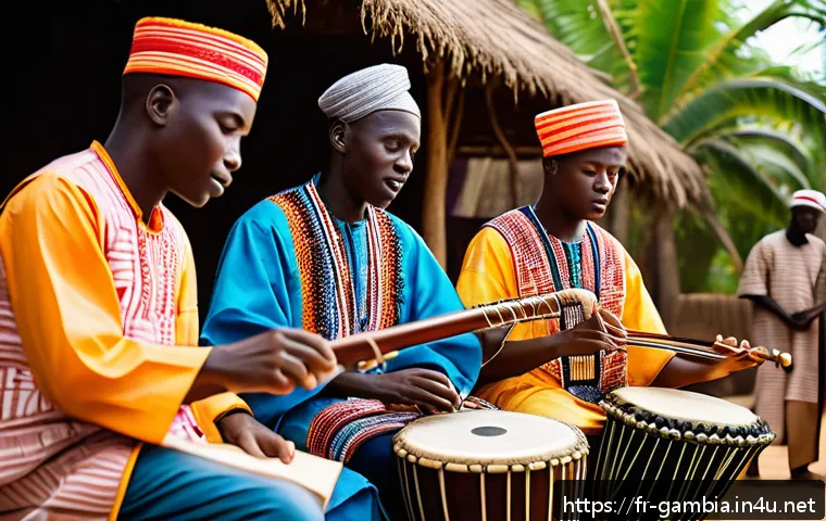 감비아의 주요 축제 - A vibrant Gambian traditional celebration scene featuring musicians playing diverse instruments such...