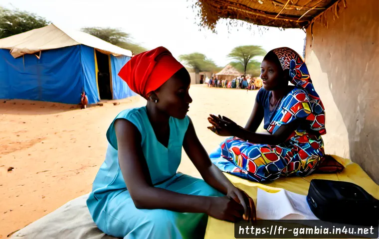 Home 15 감비아 NGO 활동 - Photorealistic documentary-style scene of a community health outreach in rural Gambia, a French-spea...
