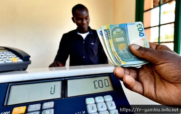 Home 16 감비아 환전 시 유의사항 - Photorealistic travel money exchange scene in Banjul, Gambia: a French-speaking traveler carefully c...