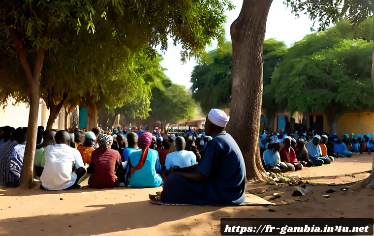 감비아 민주화 운동가 - Photorealistic documentary-style scene of a Gambian democracy activist speaking calmly to a small ou...