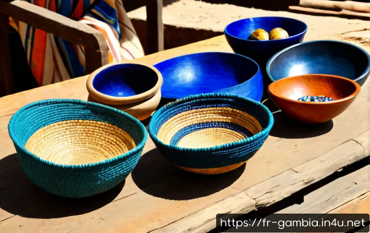 Home 16 감비아 수공예품 및 기념품 - Photorealistic tabletop display of Gambian handmade souvenirs: woven palm-leaf baskets, carved woode...