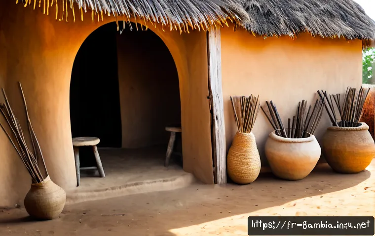 감비아 전통 가옥 양식 - Photorealistic exterior of a traditional rural Gambian compound, round mud-brick huts with conical t...